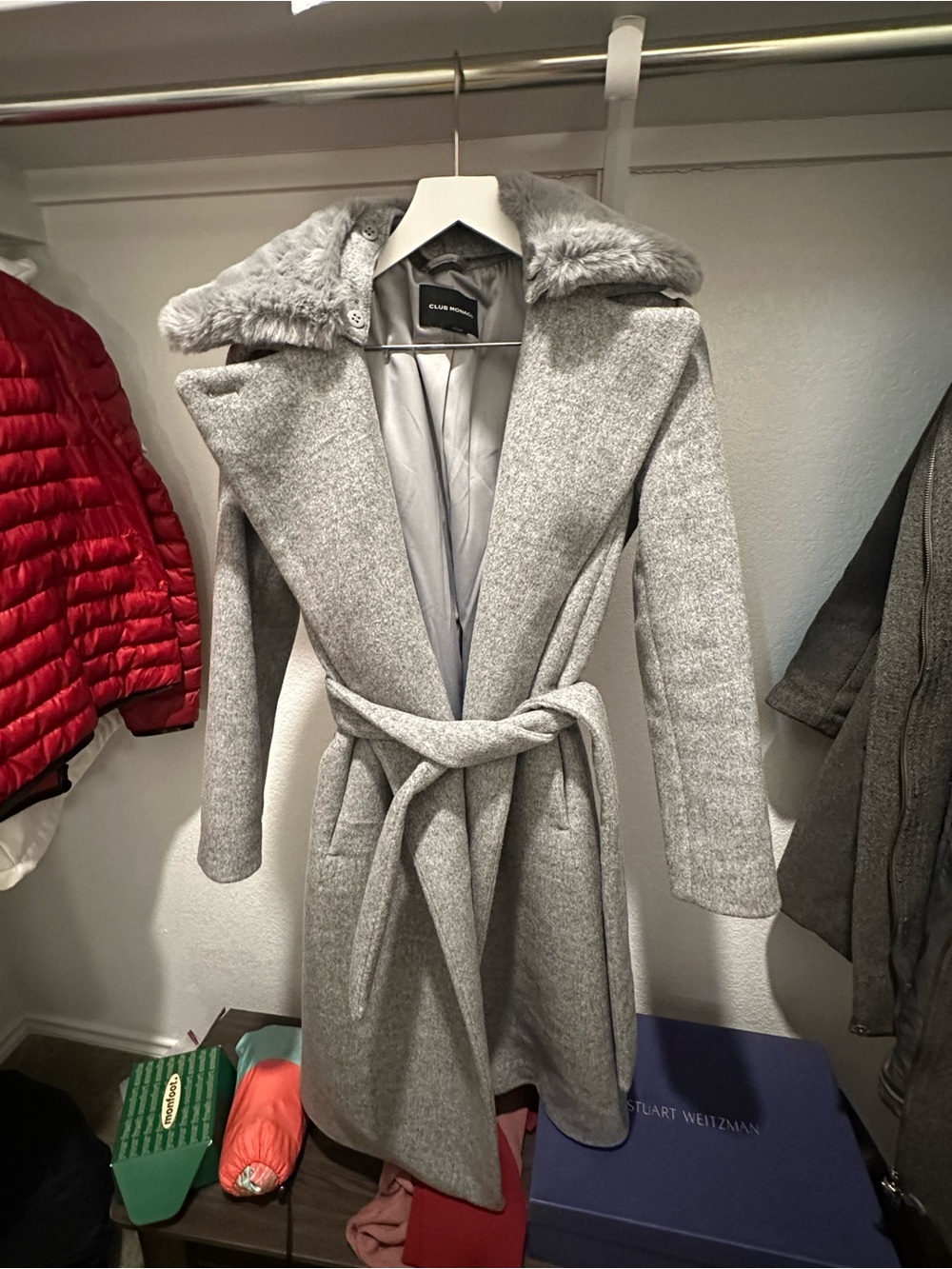 Club Monaco Light Gray Wool Trench Coat with Faux-Fur Collar